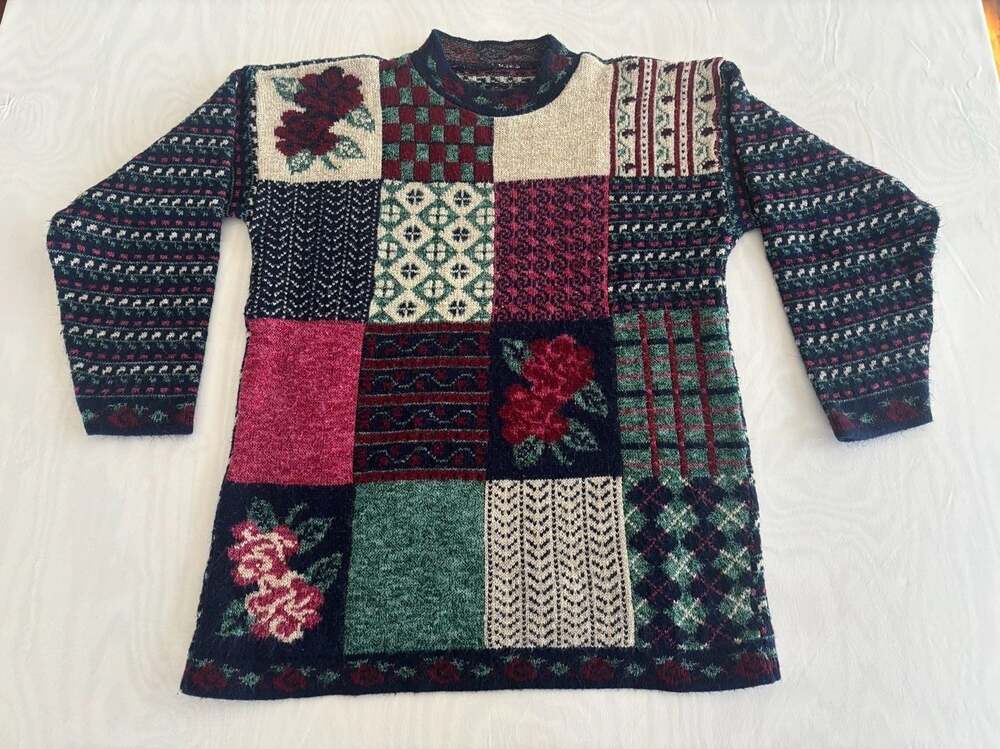 Vintage Patchwork Floral Geometric Crewneck Knit Sweater